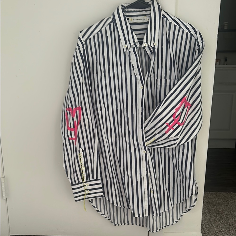 White and Black Striped Shirt with Pink Accents